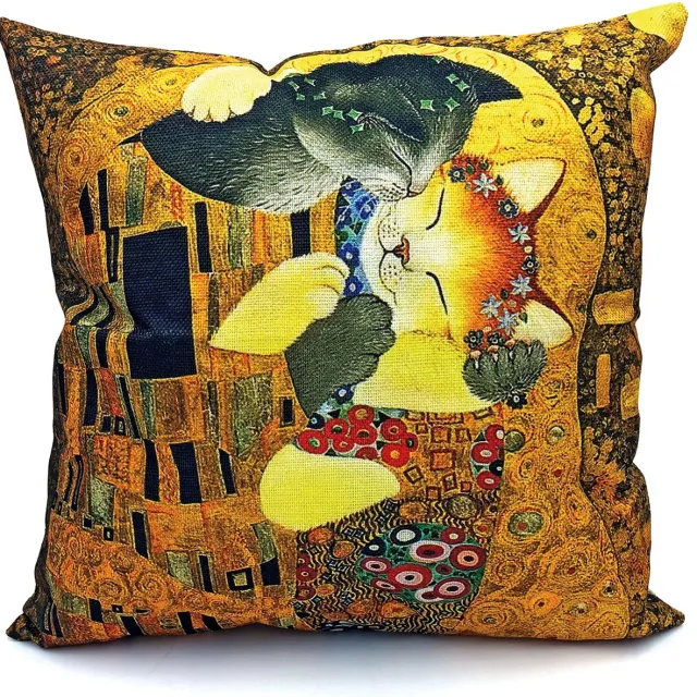 Woontante Sierkussen Kat - Kat Kussenhoes - Klimt The Kiss - 45 x 45 cm Geel