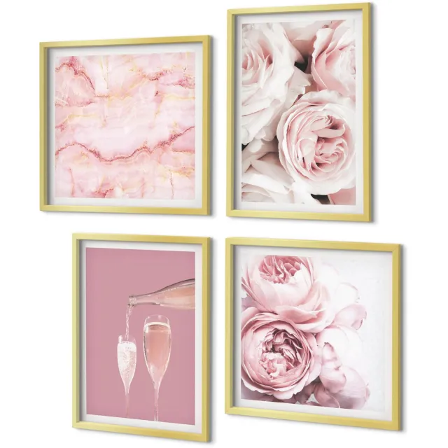 Coloray 4-Delige Schilderij Set - Champagnekleurige rozen en een pastelkleurige marmeren achtergrond - 40 x 40 cm en 40 x 60 cm - Stijlvolle Wanddecoratie - Interieur - Stijlvolle Muurdecoratie Gouden lijst