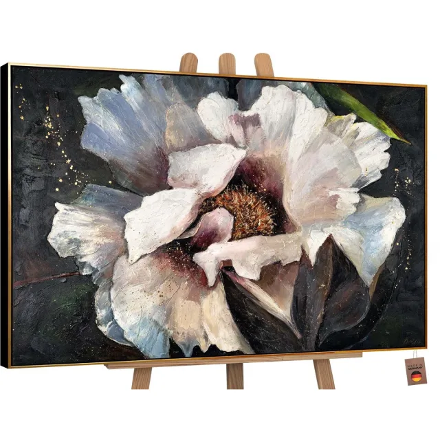 YS Canvas schilderij landschapsformaat handgeschilderd pioenen II bloemen luxe – YS-Art Gallery – Luxe wanddecoratie voor woonkamer – Modern schilderij voor slaapkamer en hal Black-Gold
