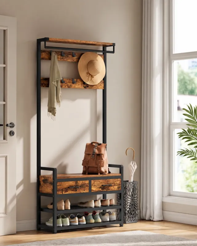 Whoopr® Kapstok met Schoenenbank – Industriële Garderobekast met Kledingroede, 10 Haken, 2 Laden & Schoenenrek – Halmeubel met Zitbank – 80 × 30 × 181,6 cm Bruin