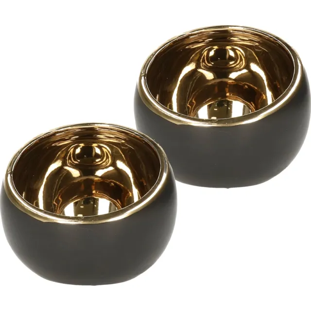 Countryfield Luxe theelichthouder - 2x - Veneta - keramiek - zwart/goud - D15 x H13.5 cm