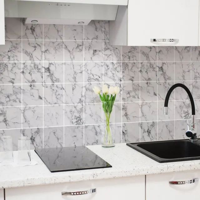 Ambiance Sticker Zelfklevende tegelmuurstickers voor keuken en badkamer - 30 Helsinki marmer cementtegelstickers - 30 stickers 15x15cm Multi color