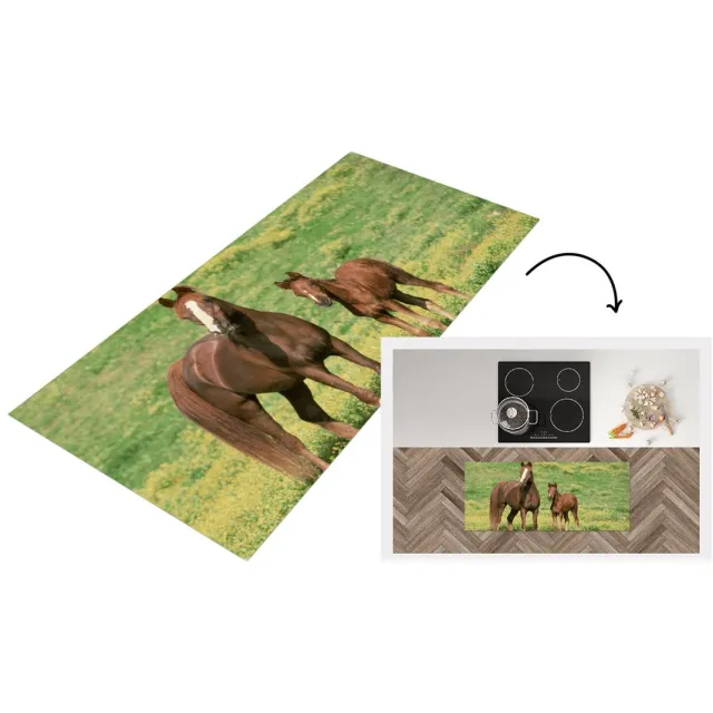 KitchenYeah Keukenloper - Loper keuken - Paarden - Gras - Bruin - Keukenloper vinyl Multicolor