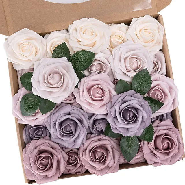 Famanu Kunstbloemen - rozen - 25 stuks - decoratieve kunstrozen met stelen - Moederdag - bruiloftsfeest - babyshower - woondecoratie - dusty gemengde kleuren rood