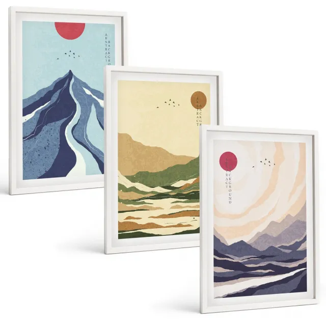 TULUP 3-Delige Schilderij Set - Bergen in pastelkleuren in Japanse stijl - 40x60 - Wanddecoratie - Schilderijen Set - Interieur - Moderne Wanddecoratie Witte lijst