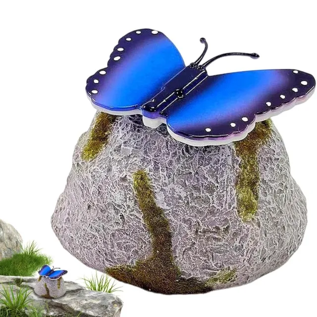 KZQ Solar LED tuinsteentje met vlinder - Verlichte decoratieve tuinsteen voor gazon en tuinpad - Blauw