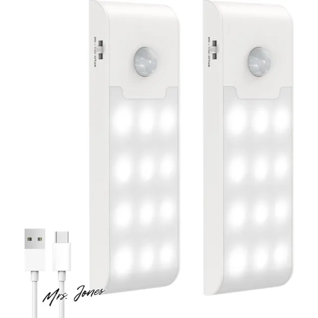 Mrs. Jones Bewegingssensorverlichting binnen 2 stuks 12 LED Type-C oplaadbare kastverlichting 3 modi magnetische bewegingssensor trapverlichting onder kast keukenverlichting voor woonkamer met sensor . multi-color