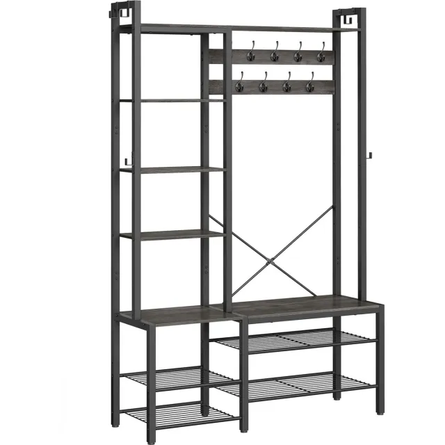 Vasagle Kapstok - Kledingrek - Met Schoenenbank - 5 Planken - 9 Haken - Voor Hal of Slaapkamer Steengrijs-Zwart