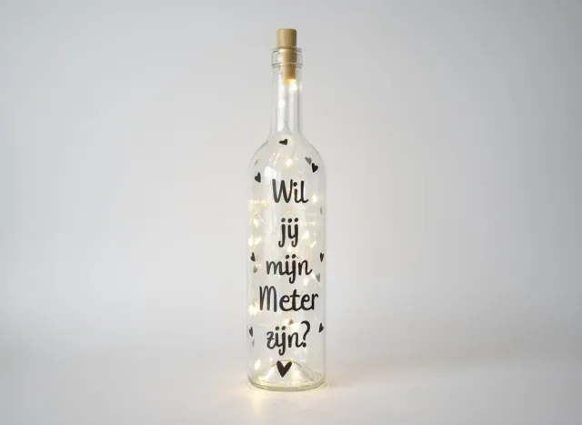 Hip met Pit Creaties Lichtfles - Meter Cadeau - Wil Jij Mijn Meter Worden - 700ml Wijnfles - 20 LED Lampjes - Batterij Aangedreven