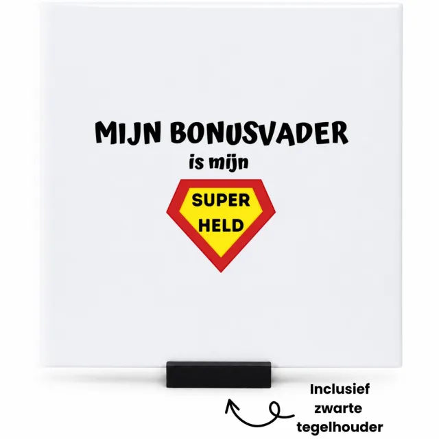 Hacebo mijn bonusvader is mijn superheld tegeltje met tegelhouder - Papa - super bonusvader - tegeltjes met tekst - vader cadeautjes - vaderdag - verjaardag - geschenk - kado - spreuktegels - 15x15 CM Wit