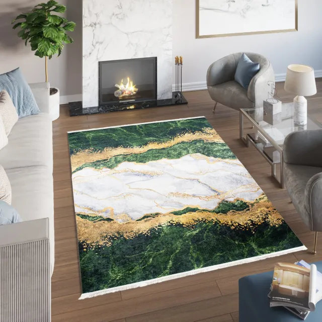 Tapiso Toscana Vloerkleed Kwastjes Goen Grijs Gouden Tapijt Groen Grijs Gouden