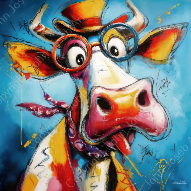 John Joseb Art (Canvas) 100x100 | Grappige koe / stier met bril en hoed, humor, abstract, kleurrijk, kunst, vierkant, dier, rood, geel, blauw, wit, modern | Foto-Schilderij canvas print (wanddecoratie) Canvas, dikte 2 cm