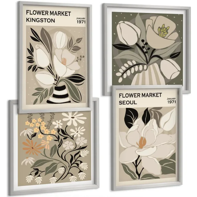 TULUP 4-Delige Schilderij Set - Kingston Seoul Bloemen Retro Stijl Illustraties - 40 x 40 cm en 40 x 60 cm - Muurdecoratie - Interieur Decoratie - Woonkamer Decoratie Zilveren lijst