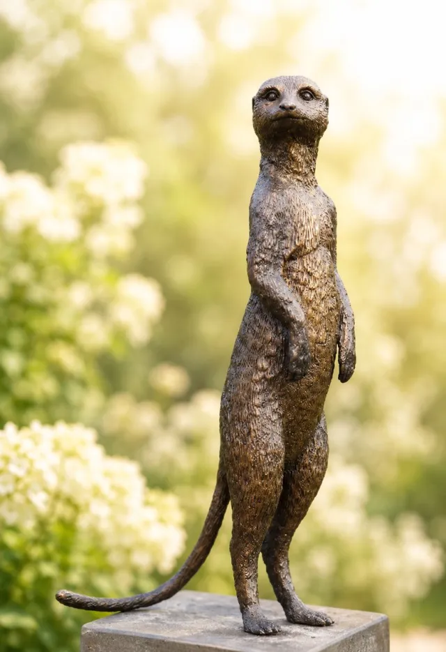 Bronzartes Tuinbeeld - bronzen beeld - Stokstaartje - Bronzartes - 28 cm hoog Brons