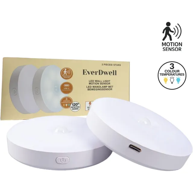 EverDwell Oplaadbare draadloze Ledlamp met Bewegingssensor – 2 Stuks – USB-C & Magnetisch Wandlamp – 3 Kleurtemperaturen (Warm/Neutraal/Koud) – Kast, Gang- & Nachtverlichting Warm Wit Licht