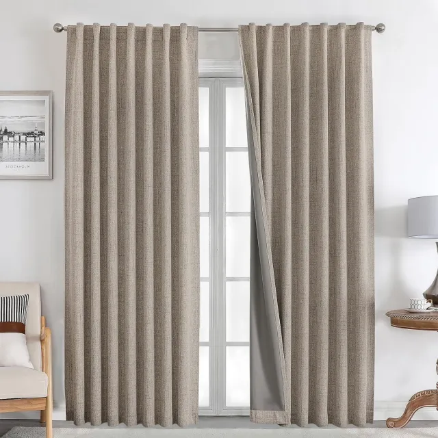 Famanu 100% Ondoorzichtige gordijnen met lussen - linnen uitstraling - 2 stuks - verduisterende gordijnen met trekkoord - thermische gordijnen - warmtebescherming voor de woonkamer