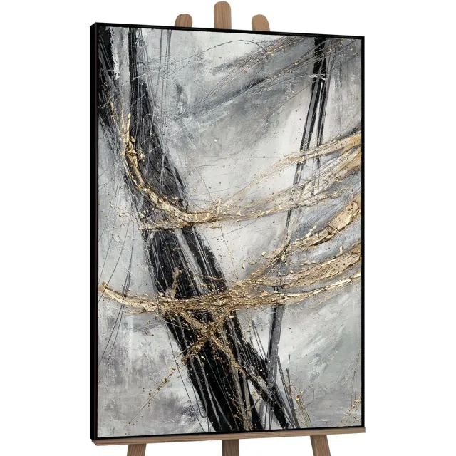 YS Canvas schilderij groot handgeschilderd gouden lijn abstract minimalistisch – YS-Art Gallery – Stijlvolle wanddecoratie voor woonkamer – Modern schilderij voor slaapkamer en kantoor Black