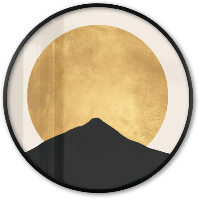 FrameYourWall Poster in lijst Rond - Fotolijst 80x80 cm - Posters - Bergsilhouetten - Gouden cirkel - Beige - Ronde posterlijst zwart - Decoratie - Wanddecoratie woonkamer - Muurdecoratie slaapkamer Bergsilhouetten - Cirkel