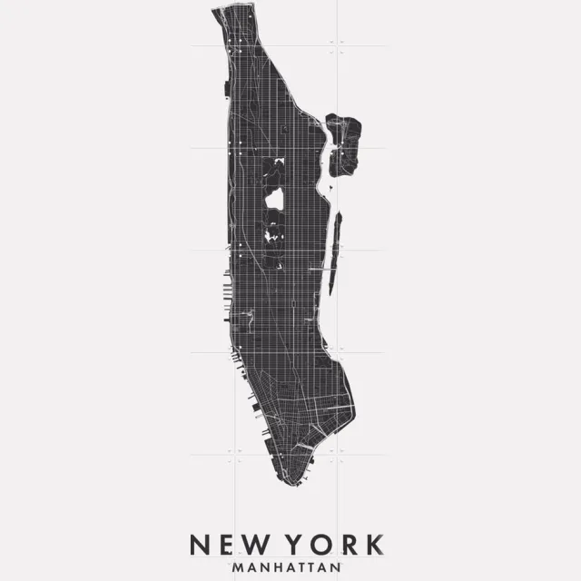 IXXI New York City Map, Kunst in Kaart - 100 x 140 cm - Grote wanddecoratie en posters - Technische Tekening, Digitale Kunst, Geometrische Kunst Zwart / Zwart en wit / Monochroom