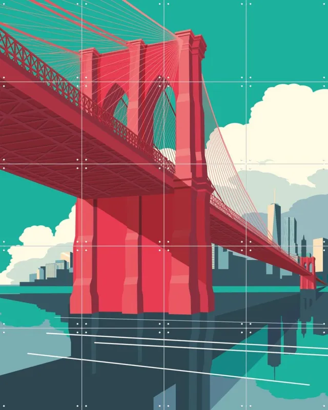 IXXI NYC - Brooklyn Bridge Red, Remko Heemskerk & Kunst in Kaart - 80 x 100 cm - Grote wanddecoratie en posters - Illustraties, Geometrische Kunst Rood