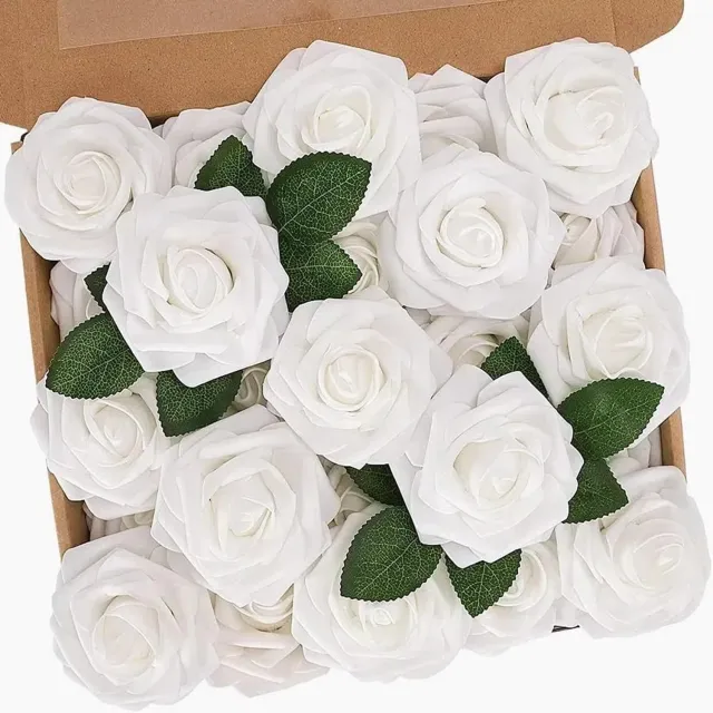 Famanu Kunstbloemen - 25 stuks Kunstrozen - schuimrozen met stengels en kaart - echte aanrakingsrozen - kunstbloemen voor bruiloftsboeketten - feesttafels - centerpieces - woondecoraties -wit rood