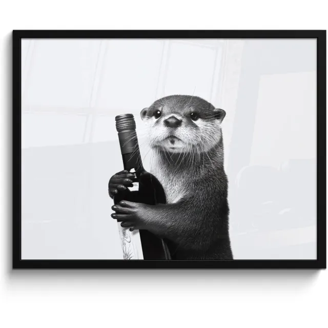 FrameYourWall Poster in lijst - Fotolijst 70x50 cm - Posters - Wijnfles - Otter - Zwart - Posterlijst zwart - Decoratie - Wanddecoratie woonkamer - Muurdecoratie slaapkamer