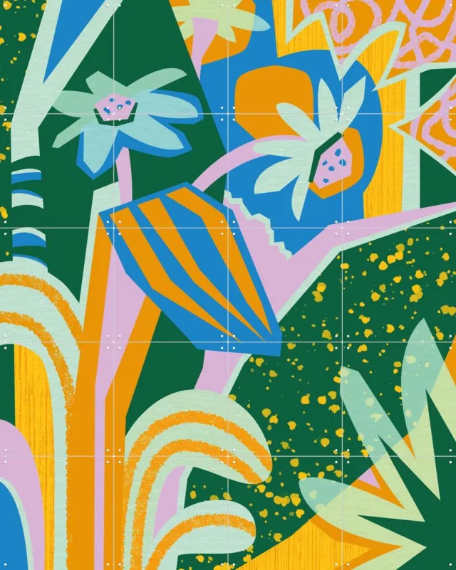 IXXI Handful Of Daisies Blue, Megan Gallagher - 80 x 100 cm - Grote wanddecoratie en posters - Grafisch Ontwerp, Abstract, Digitale Kunst, Speels Oranje / Blauw / Groen