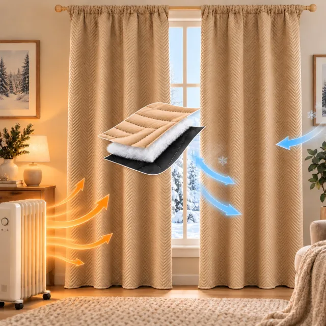 MUPOO Isolerende Gordijnen Kant-en-Klaar-Verduisterende Gordijnen 3-Laags 370GSM-Thermische Gordijnen Warmte-Isolerend -Geluiddempend-Plooiband&Achterlussen-Visgraat Overgordijnen voor Woonkamer,Slaapkamer&Eetkamer-Beige-140Bx260H cm-1 Stuk Beige-1 stuk