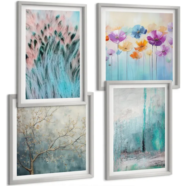 Coloray 4-Delige Schilderij Set - Bloemen Op Een Achtergrond Van Pastelkleuren En Delicate Patronen. - 40 x 40 cm En 40 x 60 cm - Wanddecoratie - Schilderijen Set - Interieur - Interieur Decoratie Zilveren lijst