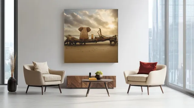 Trendex Global Vierkant Canvas Schilderij - Olifant bij Zonsondergang - 100x100x2 cm Bruin