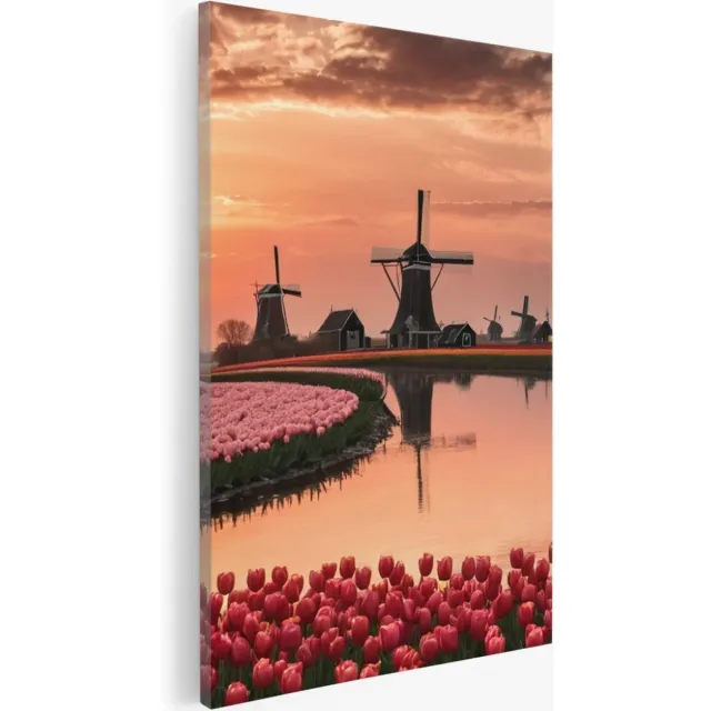 Saammp Canvas Schilderij - Landschap - bloemenveld met molens - Natuur - 75x100 - Foto op canvas - Wanddecoratie - Muurdecoratie Woonkamer - Slaapkamer decoratie - Canvas Print Multicolor