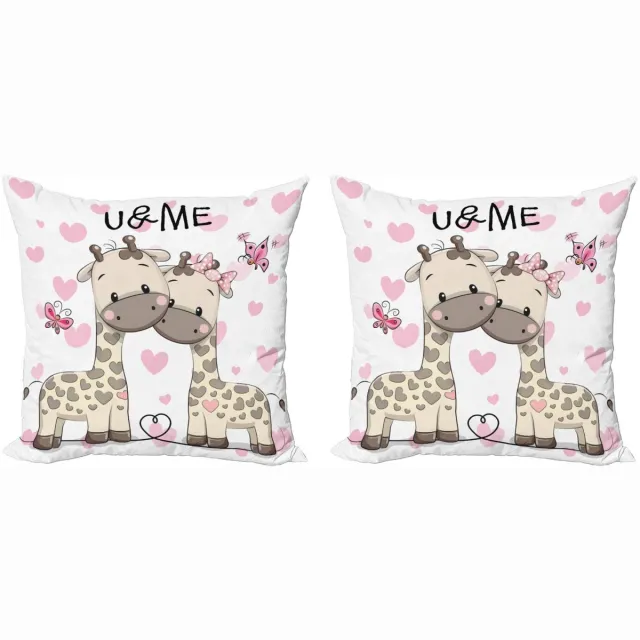 ABAKUHAUS Dier Kussenhoes Set – Decoratief 40x40 cm – 2x Dubbelzijdig Digitaal bedrukt – Multicolor Giraffen & Harten Wit