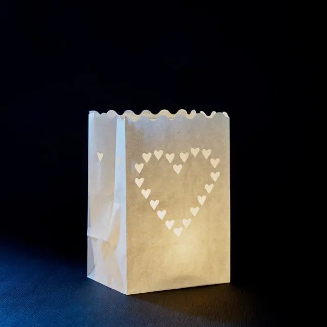 Volanterna 10x Candle Bags met Hart – Hoogte 15 cm – Bodem 15x9 cm – Papieren Lichtzakken – Brandvertragend – Voor Feest, Tuin, Valentijn, Herdenking - Candlebag wit
