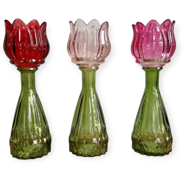 DK design Daan Kromhout - Waxine houders - Kaarsenhouders - Set van 3 - Tulp - Glas - Roze mix - 7x22cm Fuchsia