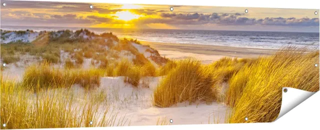 Gards Tuinposter Strand en Duinen tijdens Zonsondergang - 180x60 cm - Tuindoek - Tuindecoratie - Wanddecoratie buiten - Tuinschilderij Multikleur