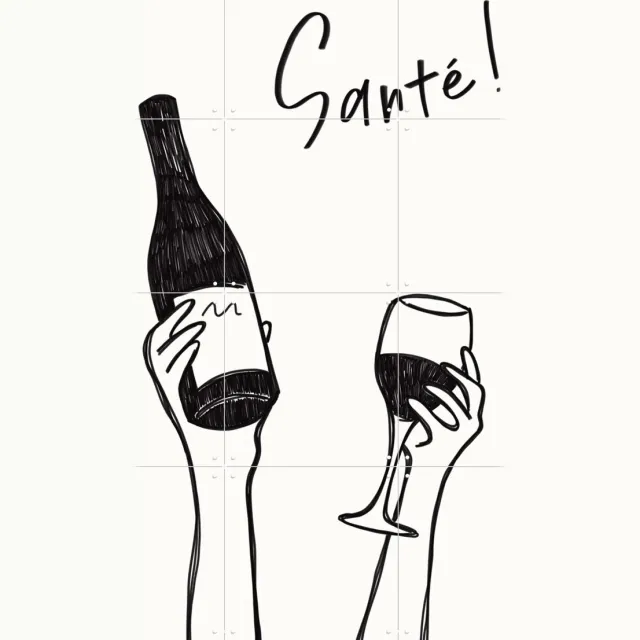 IXXI Hands holding a wine bottle and a wine glass with the text Cheers! in French, Rio Soley & Various - 60 x 80 cm - Grote wanddecoratie en posters Zwart en wit / Wit / Zwart