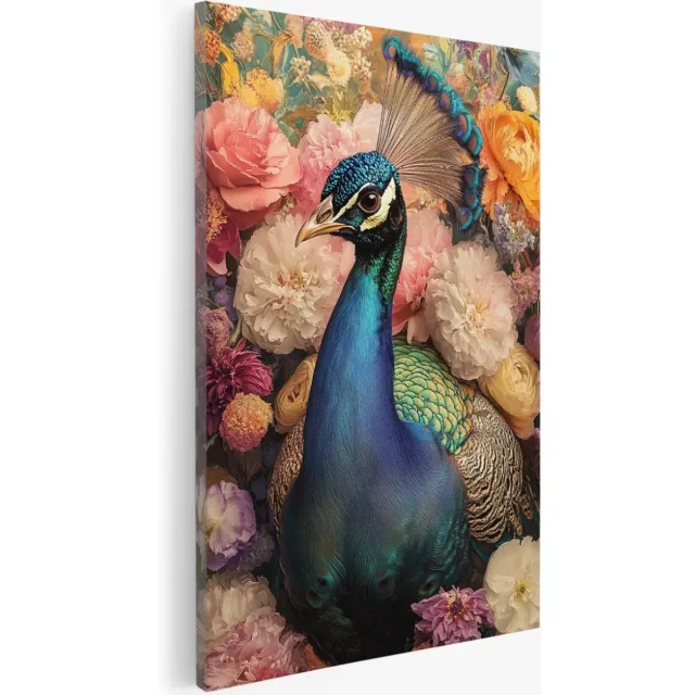Saammp Canvas Schilderij - Pauw tussen de kleurrijke bloemen - Dieren - Abstract - 20x30 - Foto op canvas - Wanddecoratie - Muurdecoratie Woonkamer - Slaapkamer decoratie - Canvas Print Multicolor