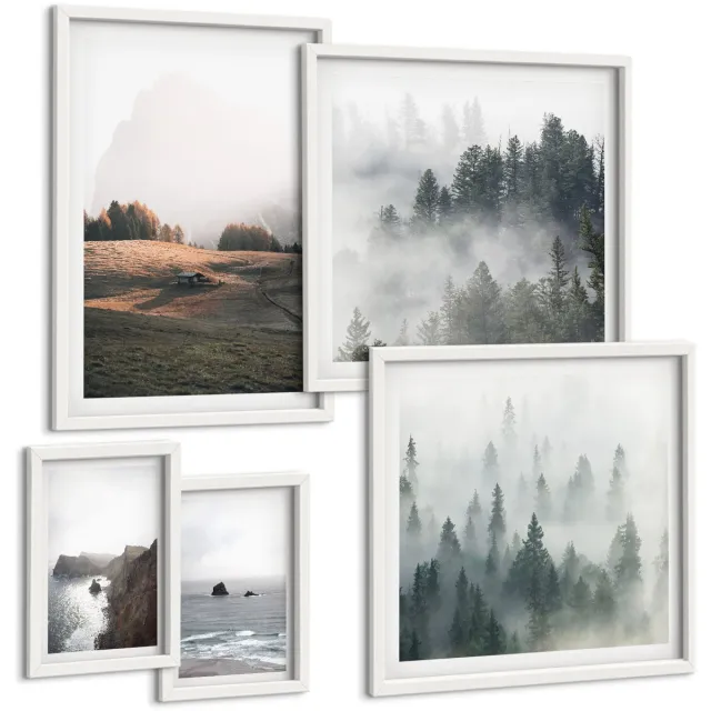 TULUP 4-Delige Schilderij Set - Natuurlijke berglandschappen en uitzichten op zee - 50 x 50 cm, 20 x 30 cm en 40 x 60 cm - Wanddecoratie - Schilderijen Set - Interieur - Interieur Decoratie Witte lijst