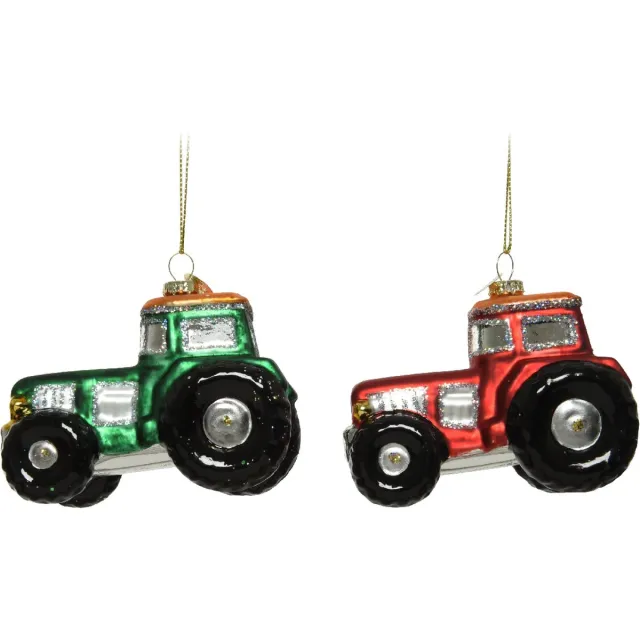 Decoris Ornament glas tractor rood groen 2ass L9.50-B5.20-H7.00cm Transparant