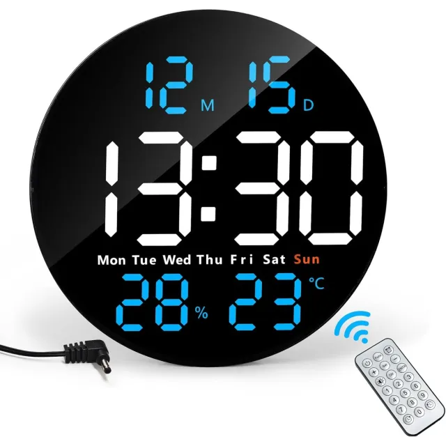 Bobypet Digitale Wandklok 10 Inch - LED Grote Wandklok met Afstandsbediening - Stille Klok met Temperatuur, Datum, Timer en Dubbel Alarm - Automatische Dimfunctie voor Woonkamer, Kantoor en Slaapkamer - Blauw