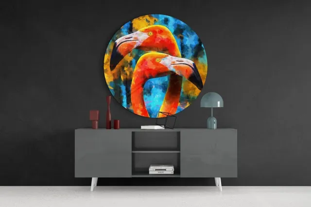 Insigne Art Rond Glasschilderij - Flamingo's - Kleurrijke wanddecoratie - 100 cm