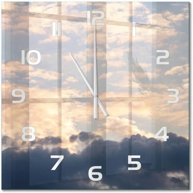 TULUP Wandklok - Wolken aan de hemel Gekleurde Glazen Klok - 60x60 cm - Blauw Glazen Klok Met Print - Witte handen - Vierkante Klok - Moderne Wandklok Glas - Wandklok Glas Decoratie