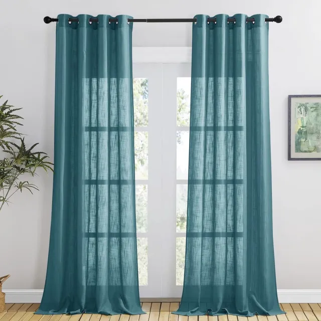 Pony Dance Curtains Living Room Eyelet Curtain Linen Look 2 Pieces H 240 x W 132 cm Curtains Semi-Transparent Decorative Curtains for Balcony Door Linen Look Curtains Teal Blue Blauwgroen