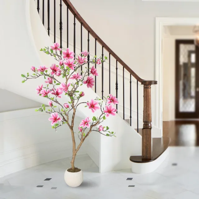 Triumpunpre Kunstmagnolia 150 cm met witte bloemen - Nep magnoliaboom op naturel stam - Onderhoudsvrije sierboom voor interieur