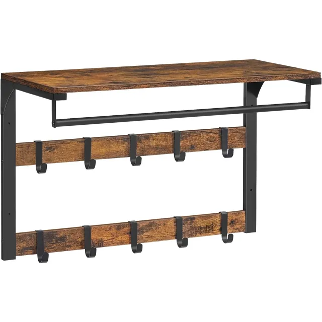 Monza Home Wandkapstok met Plank – Kapstok met Hoedenplank, Kledingstang & 10 Verschuifbare Haken – Muurkapstok Hangend voor Hal en Slaapkamer – Industrieel Hout en Staal – 65 x 30 x 42 cm – Vintage Bruin & Zwart – Monza Home