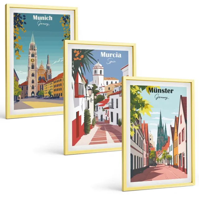 TULUP 4-Delige Schilderij Set - Europese steden in kleurrijke illustraties - 40 x 60 cm - Decoratieve Schilderijen - Wanddecoratie - Hal - Stijlvolle Muurdecoratie Gouden lijst