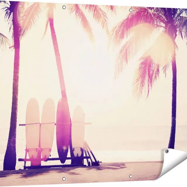 Gards Tuinposter Tropisch Strand met Surfborden - 120x90 cm - Tuindoek - Tuindecoratie - Wanddecoratie buiten - Tuinschilderij Multikleur