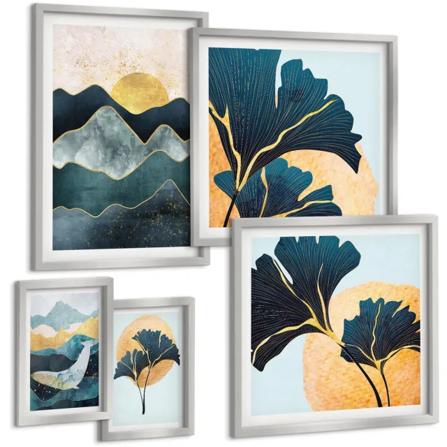 Coloray 5-Delige Schilderij Set - Plantenpatronen In Beige En Bruine Tinten - 20 x 30 cm - Wanddecoratie - Muurdecoratie - Moderne Interieurdecoratie - Interieur Decoratie Zilveren lijst