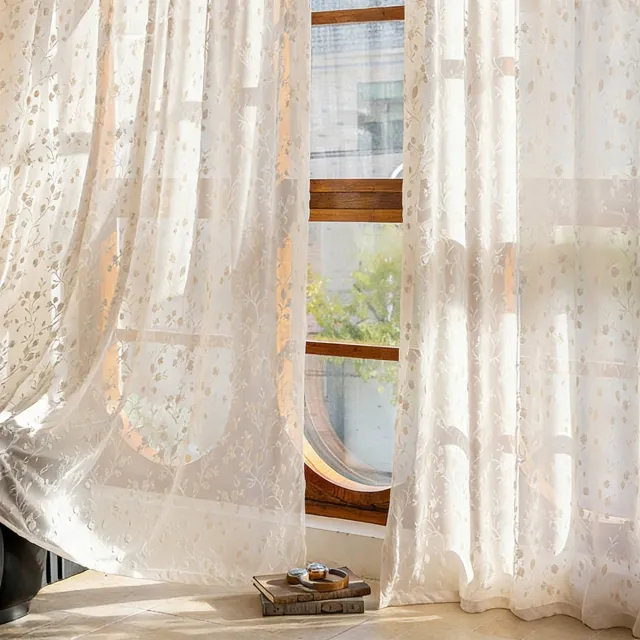 Floraweg Crèmekleurige vitrages met reliëf en kleine bloemmotieven – halfdoorzichtige, dromerige vitrages voor de woonkamer en het balkon, 132x220cm