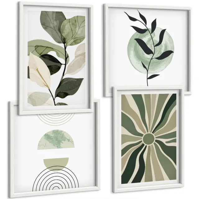 TULUP 4-Delige Schilderij Set - Plantmotieven met geometrische vormen in groen - 40x40 en 40x60 - Decoratieve Muurdecoratie - Slaapkamer - Interieur Decoratie Witte lijst